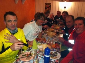 John Bishop and support team relax after the Paris to Calais cycle leg
